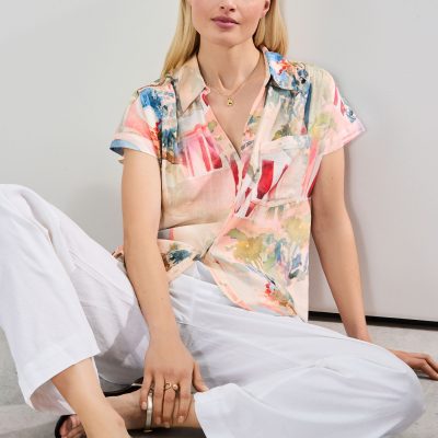 LXH82371 Pink Scenic Print Short Sleeve Shirt with Linen
