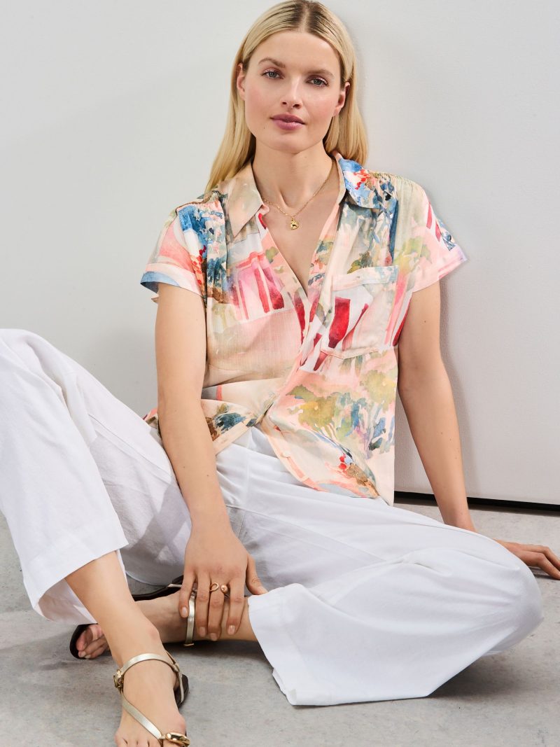 LXH82371 Pink Scenic Print Short Sleeve Shirt with Linen