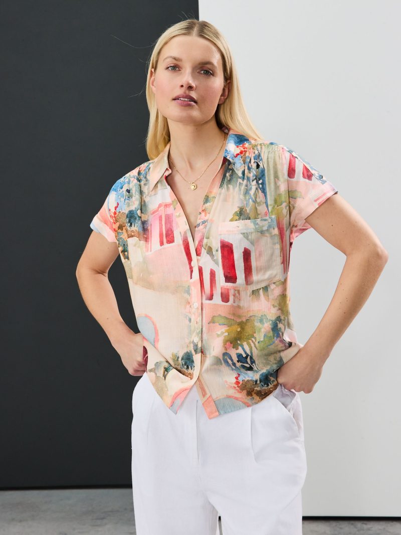 LXH82371 Pink Scenic Print Short Sleeve Shirt with Linen - Image 2