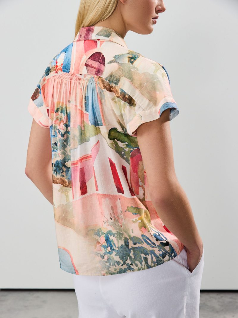 LXH82371 Pink Scenic Print Short Sleeve Shirt with Linen - Image 3
