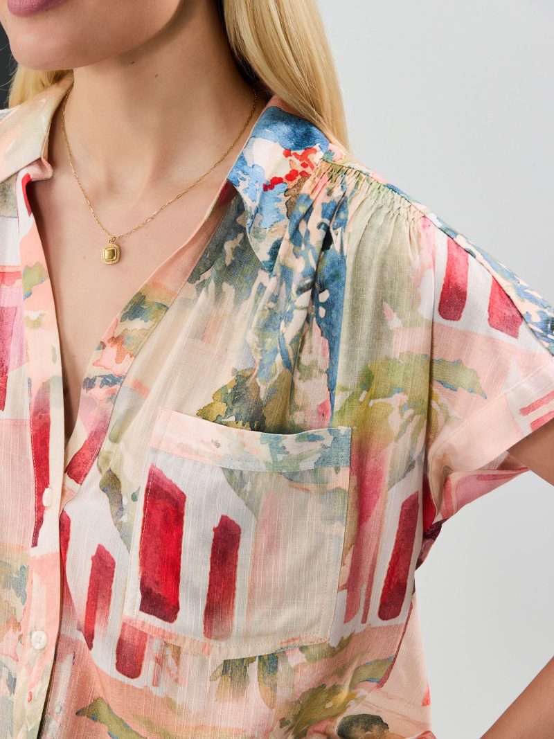 LXH82371 Pink Scenic Print Short Sleeve Shirt with Linen - Image 4