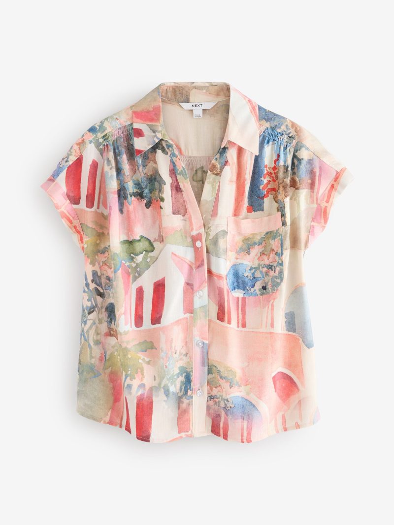 LXH82371 Pink Scenic Print Short Sleeve Shirt with Linen - Image 5