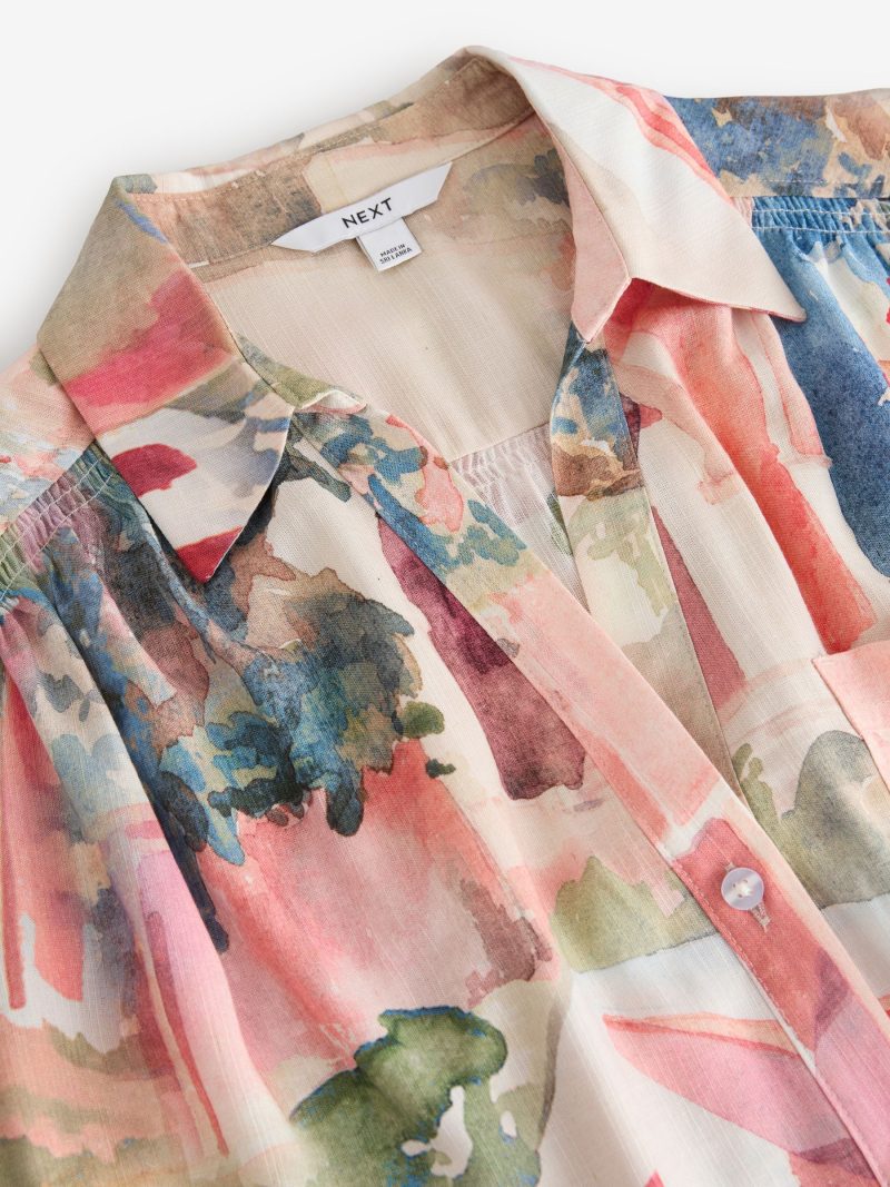 LXH82371 Pink Scenic Print Short Sleeve Shirt with Linen - Image 6