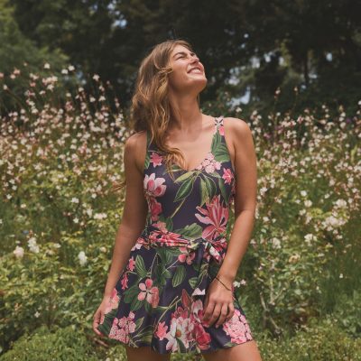 LXH82346 Navy Floral Shaping Tummy Control Skirted Swim Dress