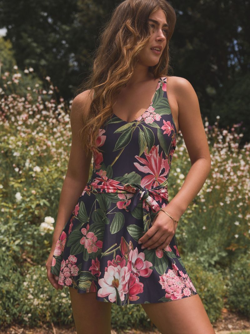 LXH82346 Navy Floral Shaping Tummy Control Skirted Swim Dress - Image 2