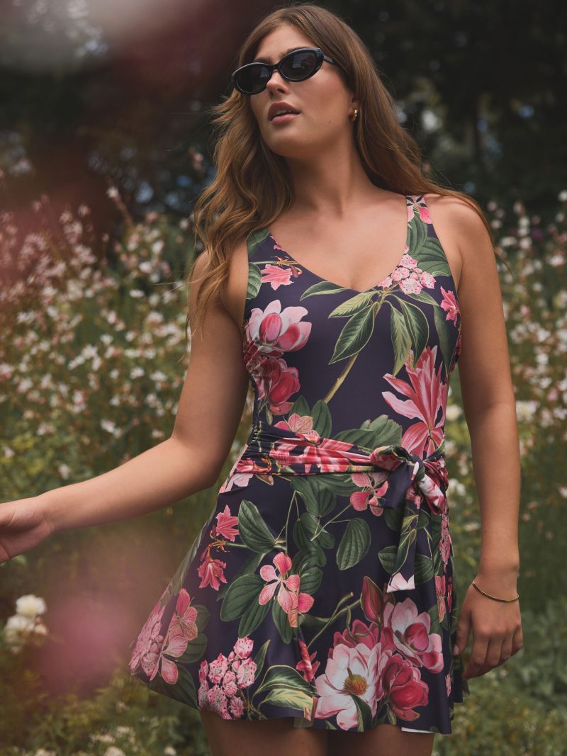 LXH82346 Navy Floral Shaping Tummy Control Skirted Swim Dress - Image 3