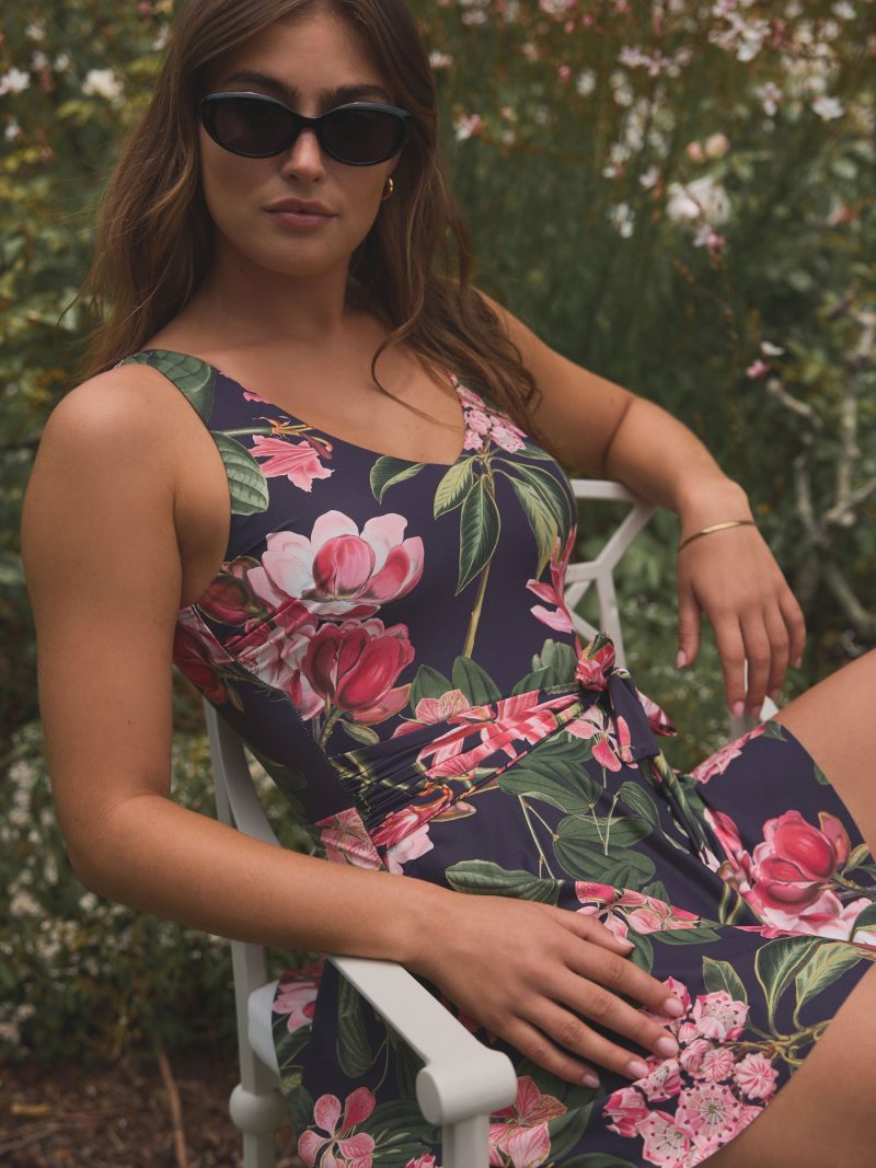 LXH82346 Navy Floral Shaping Tummy Control Skirted Swim Dress - Image 4