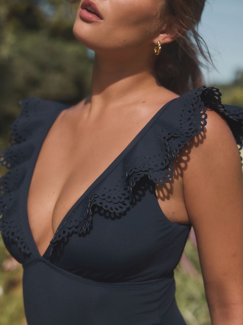 LXH82351 Navy Plunge Frill Laser Cut Tummy Control Swimsuit - Image 4