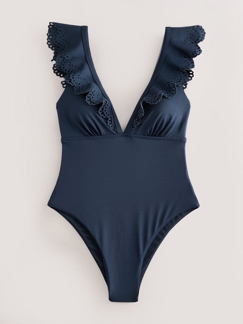 LXH82351 Navy Plunge Frill Laser Cut Tummy Control Swimsuit - Image 5