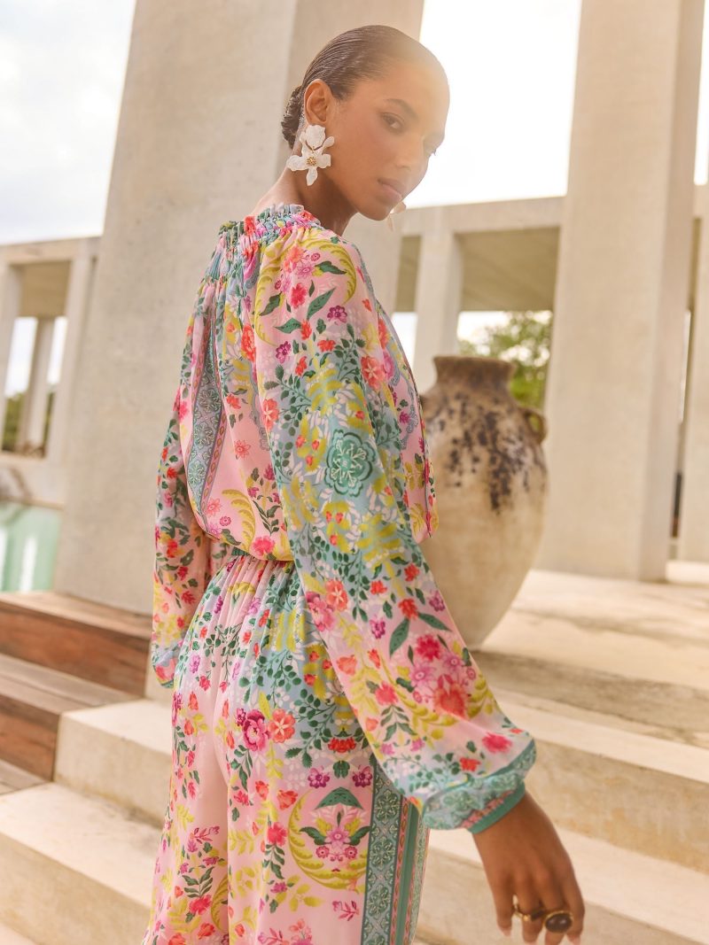 LXH82368 Pink Petite Long Sleeve Shirred Neck Blouse - Image 4