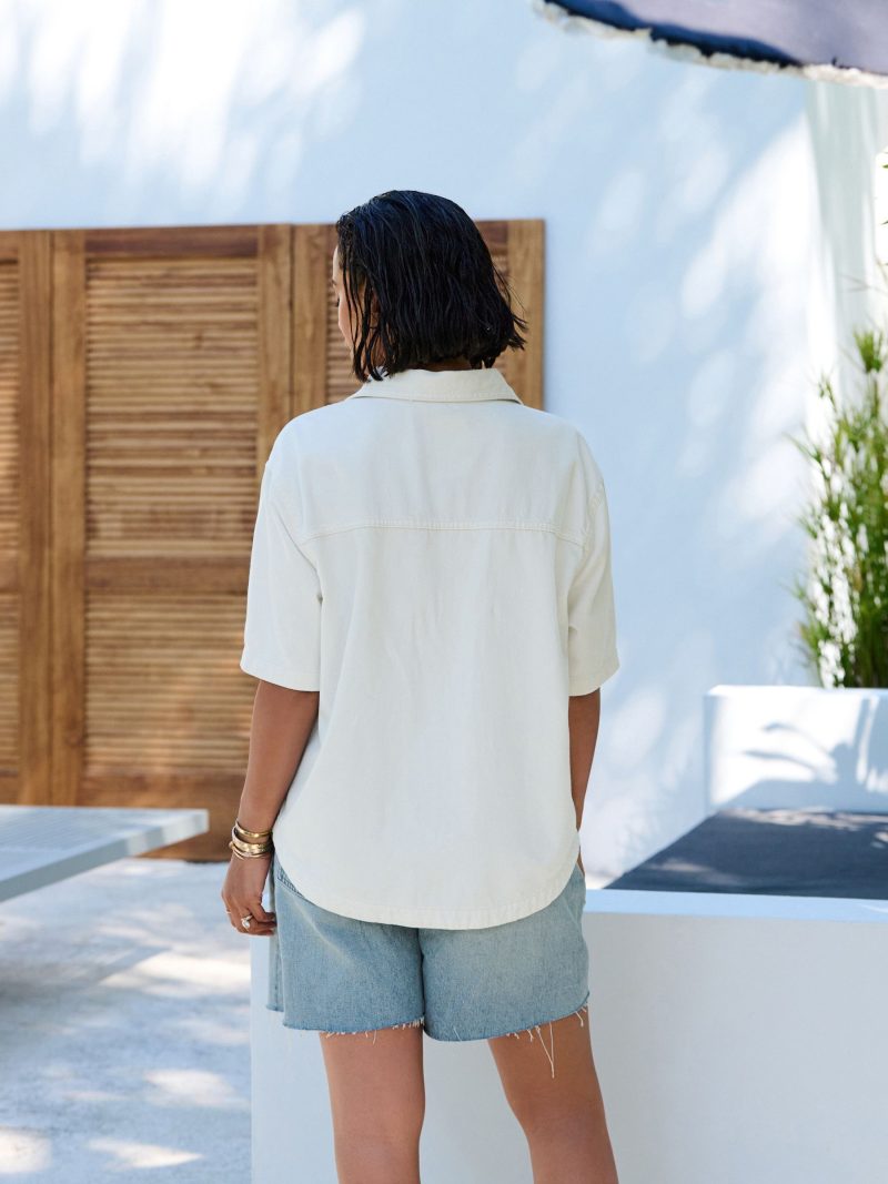LXH82372 Ecru Oversized Short Sleeve 100% Cotton Denim Shirt - Image 5