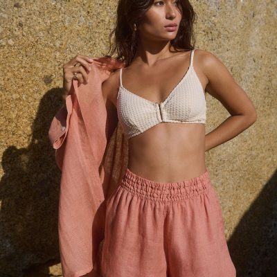 LXH82341 Peach Pink 100% Linen Shorts