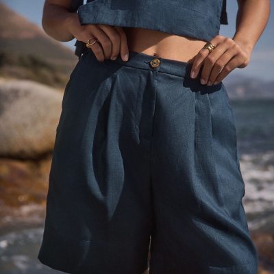 LXH82342 Navy 100% Linen Bermuda Shorts