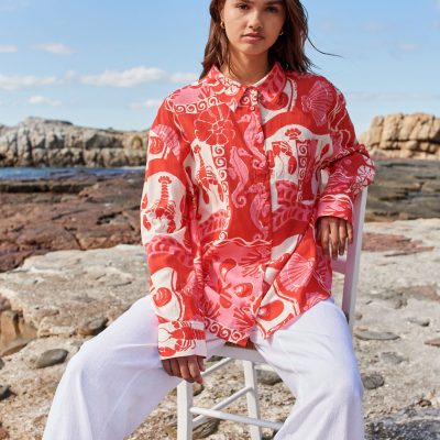 LXH82374 Red/Pink Lobster Print Long Sleeve Shirt With Linen