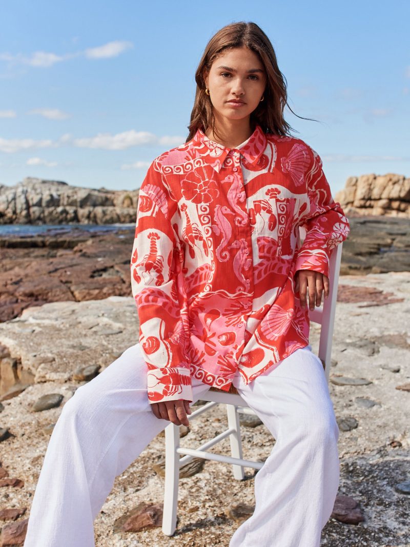 LXH82374 Red/Pink Lobster Print Long Sleeve Shirt With Linen