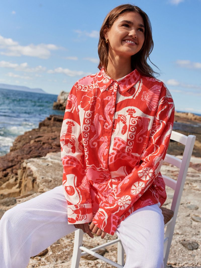 LXH82374 Red/Pink Lobster Print Long Sleeve Shirt With Linen - Image 2