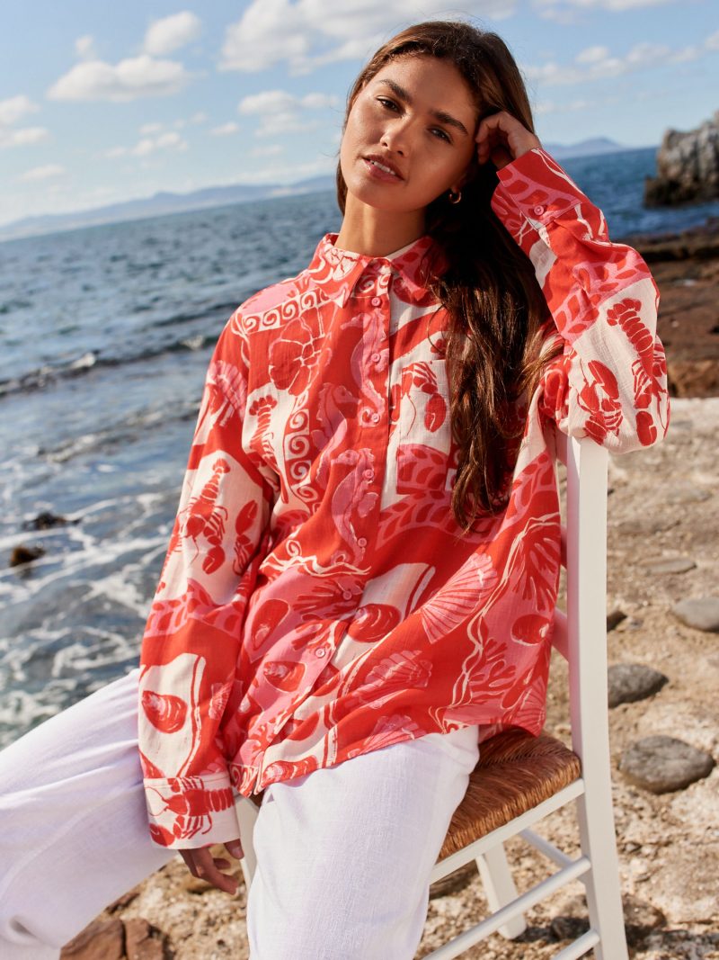 LXH82374 Red/Pink Lobster Print Long Sleeve Shirt With Linen - Image 3