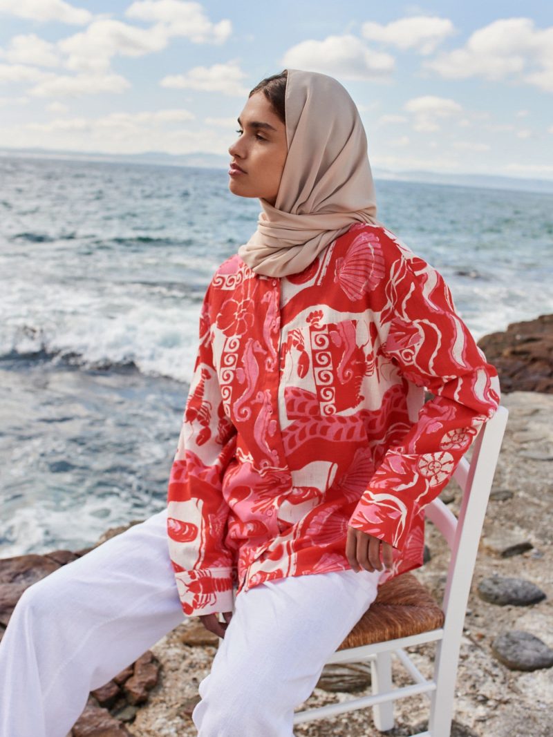 LXH82374 Red/Pink Lobster Print Long Sleeve Shirt With Linen - Image 4