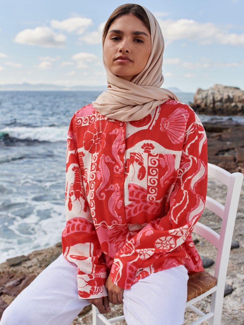 LXH82374 Red/Pink Lobster Print Long Sleeve Shirt With Linen - Image 5