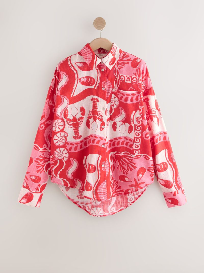 LXH82374 Red/Pink Lobster Print Long Sleeve Shirt With Linen - Image 6