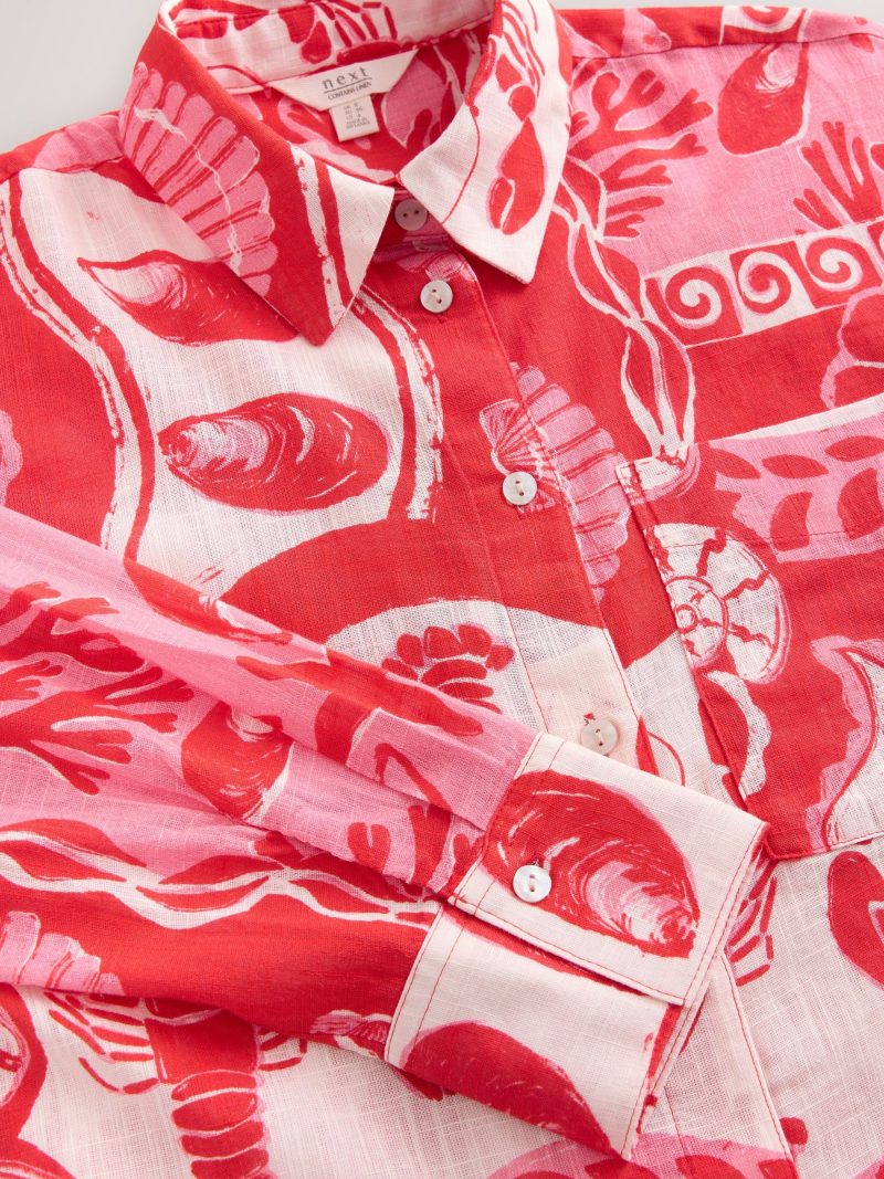 LXH82374 Red/Pink Lobster Print Long Sleeve Shirt With Linen - Image 8