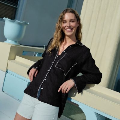 LXH82366 Black with White Stitch 100% Linen Button Down Relaxed Long Sleeve Shirt