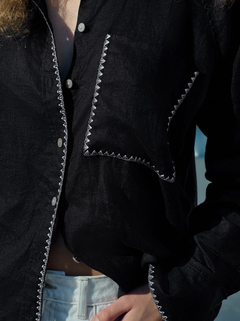 LXH82366 Black with White Stitch 100% Linen Button Down Relaxed Long Sleeve Shirt - Image 4