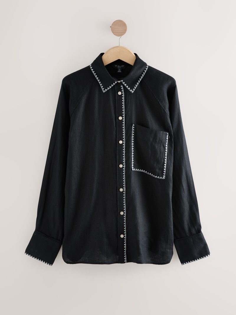 LXH82366 Black with White Stitch 100% Linen Button Down Relaxed Long Sleeve Shirt - Image 5