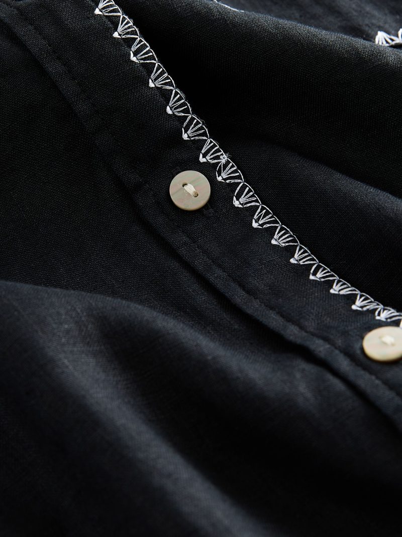 LXH82366 Black with White Stitch 100% Linen Button Down Relaxed Long Sleeve Shirt - Image 6