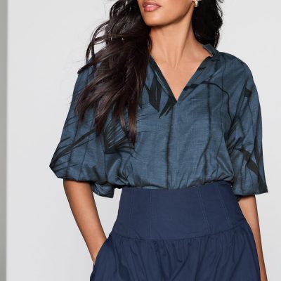LXH82370 Blue Print Volume Sleeve V-Neck Blouse