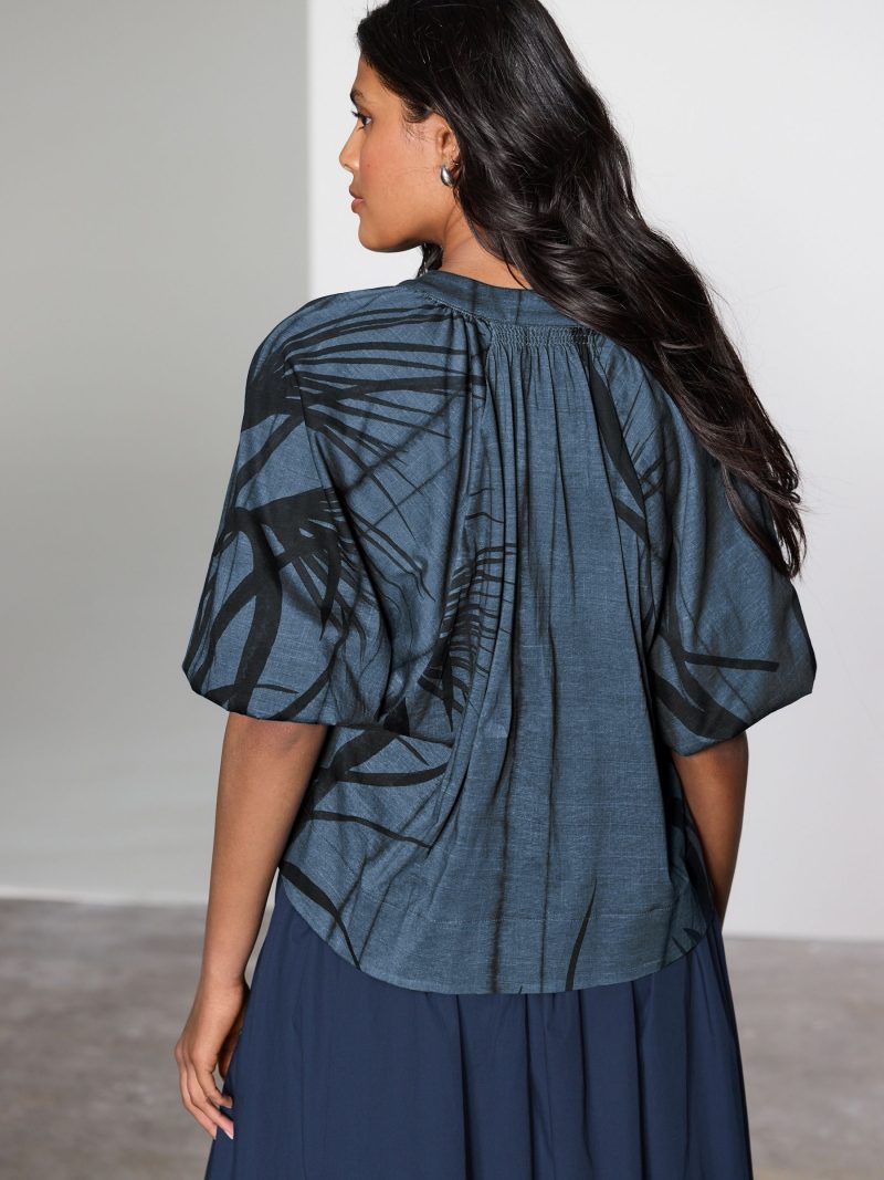 LXH82370 Blue Print Volume Sleeve V-Neck Blouse - Image 2