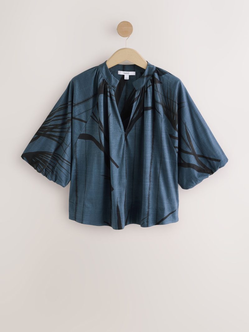 LXH82370 Blue Print Volume Sleeve V-Neck Blouse - Image 5