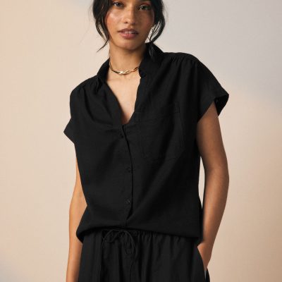 LXH82369 Black Short Sleeve Shirt with Linen