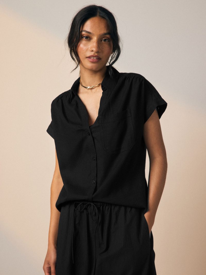 LXH82369 Black Short Sleeve Shirt with Linen