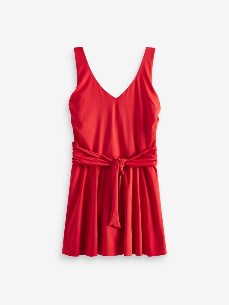 LXH82361 Red Shaping Tummy Control Skirted Swim Dress - Image 5