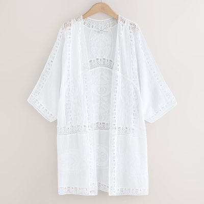 LXH82365 White Crochet Kimono