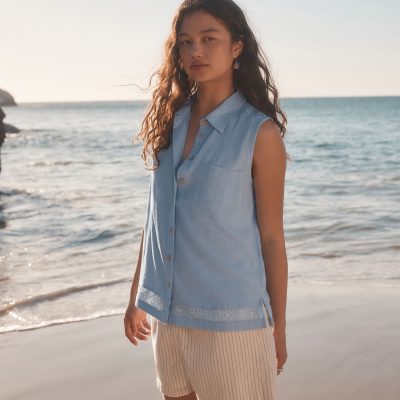 LXH82367 Light Blue Sleeveless Shirt With Linen