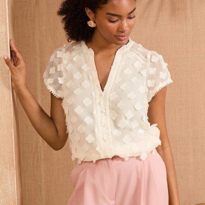 LXH82378 White Ecru 3D Flutter Sleeve Blouse