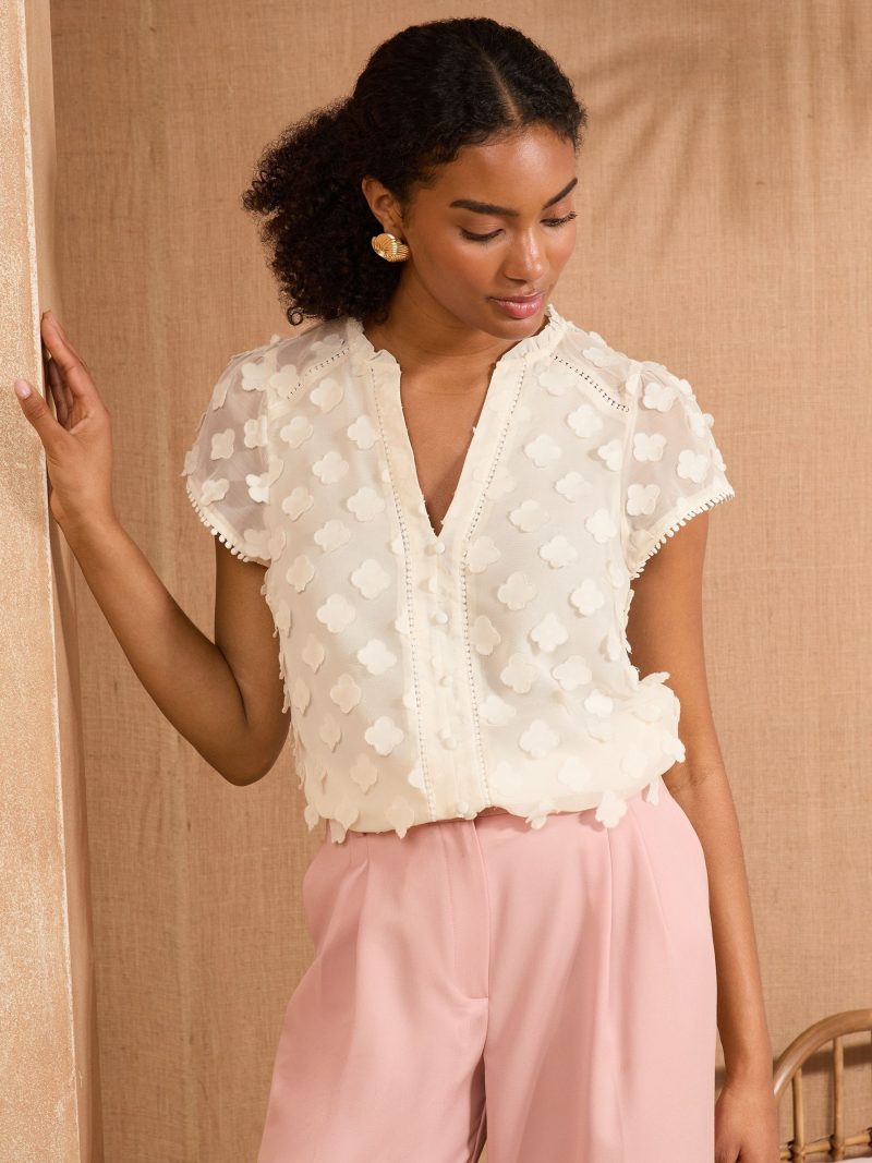 LXH82378 White Ecru 3D Flutter Sleeve Blouse