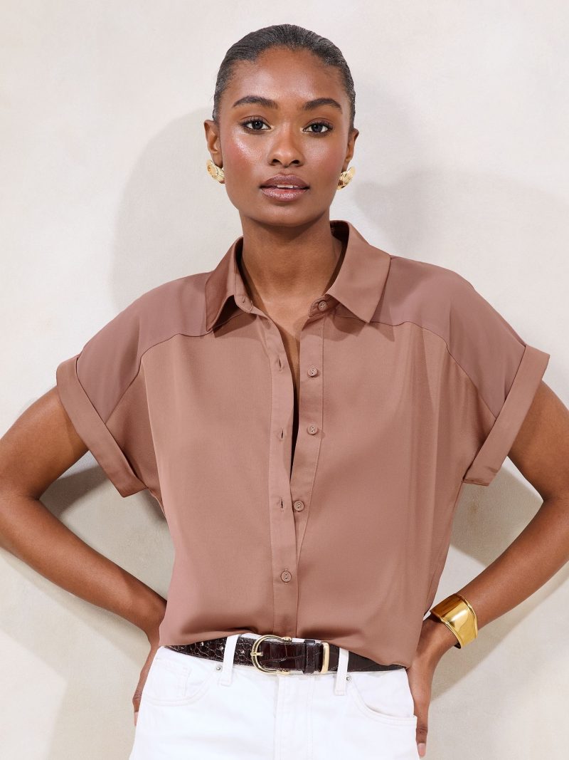 LXH82382 Pink Short Sleeve Satin Chiffon Mix Shirt