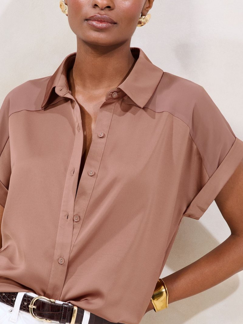 LXH82382 Pink Short Sleeve Satin Chiffon Mix Shirt - Image 2