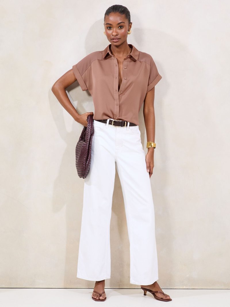 LXH82382 Pink Short Sleeve Satin Chiffon Mix Shirt - Image 3