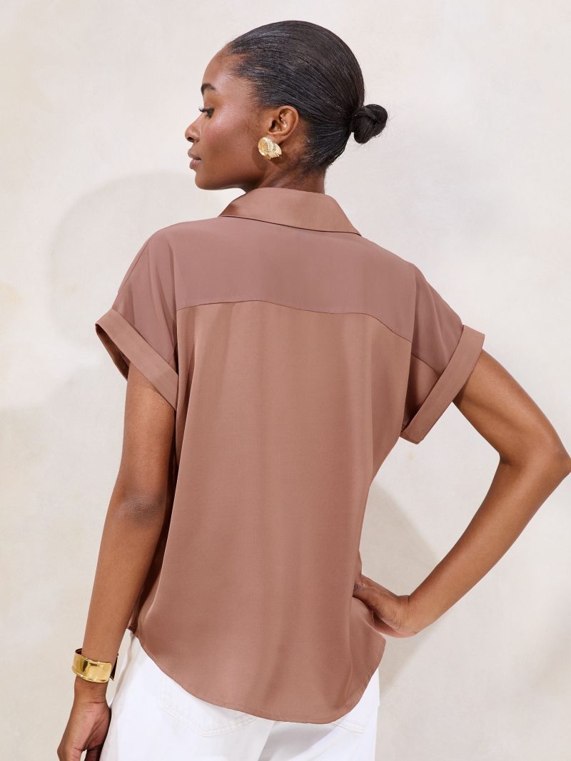 LXH82382 Pink Short Sleeve Satin Chiffon Mix Shirt - Image 4