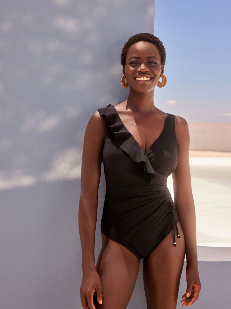 LXH82357 Black Frill Wrap Tummy Shaping Control Swimsuit